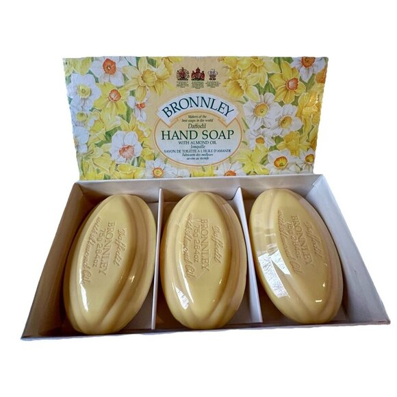 Vintage Bronnley Fine English Hand Daffodil & Almond Sealed Soap 3 x 75g-3.64 oz - Picture 1 of 5